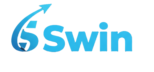 Blue 'Swin' logo on a dark blue background